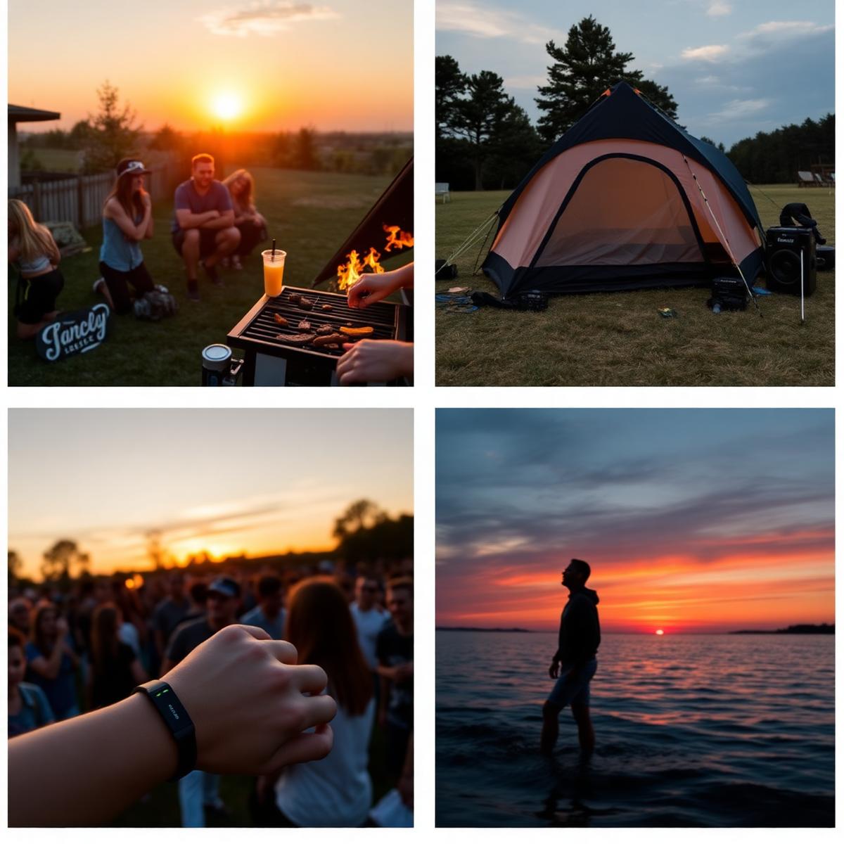 Lifestyle-Mosaik: BBQ, Camping, Festival und See am Sommer-Abend